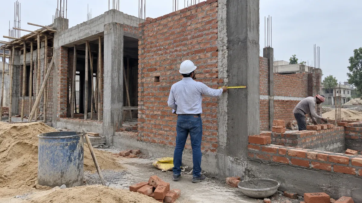 Site engineer conducting structural quality inspection on a construction site