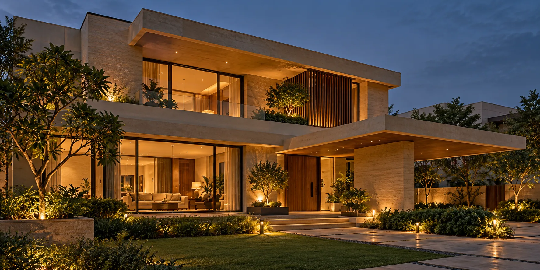 Concept image of a modern residence lit at dusk