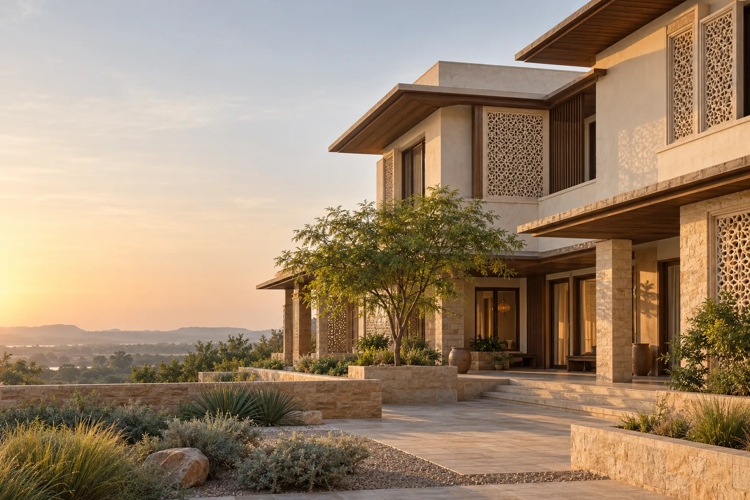 Concept image of a contemporary home with a shaded courtyard