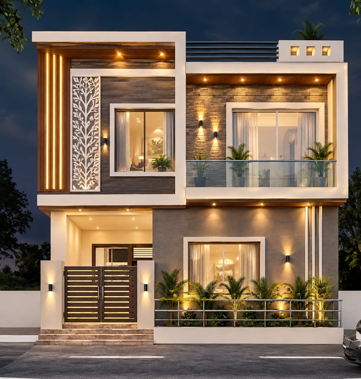 Contemporary luxury 2-story villa elevation with stone cladding and jali work by Dream Construction Kota