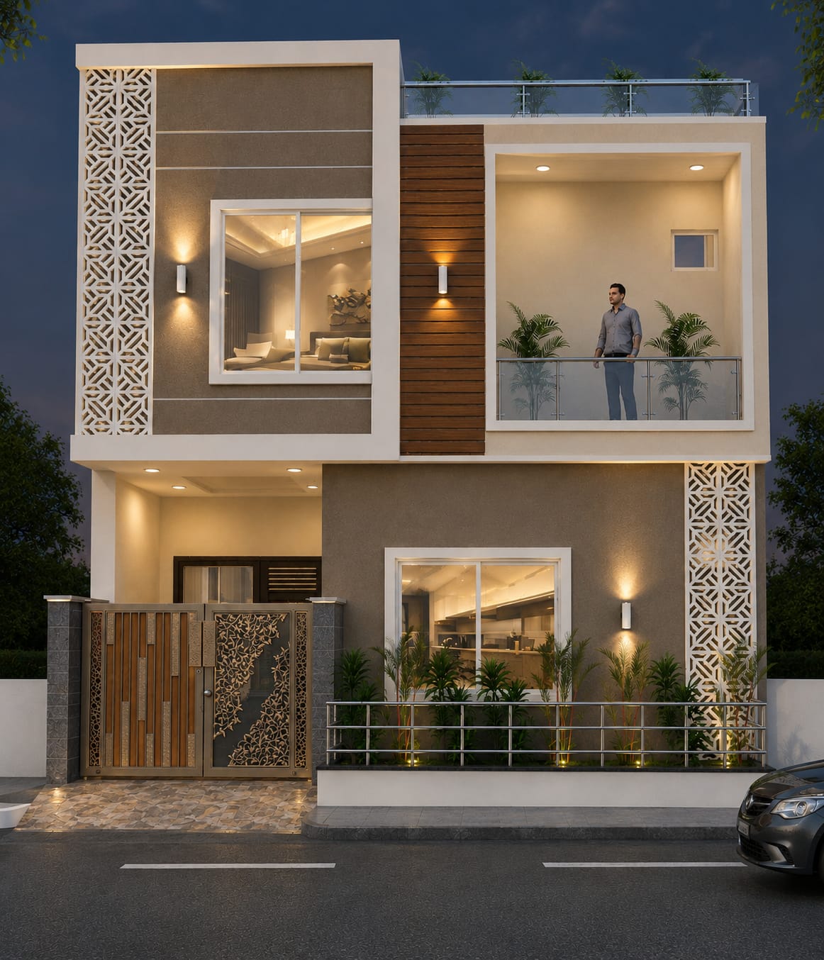 Modern 2-story house elevation with CNC jali screen and glass balcony