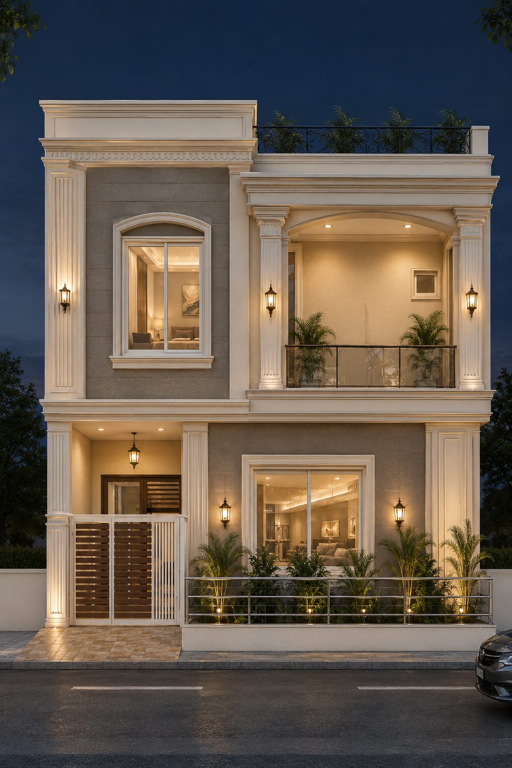 Neoclassical 2-story residence elevation with Roman pilasters and warm lanterns