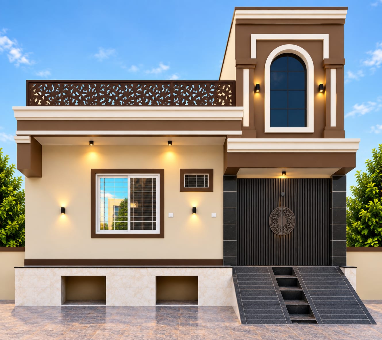 Modern single-story residential elevation with arched roof detail and terrace jali