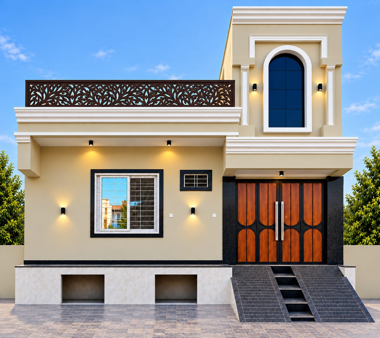 Modern bungalow front facade elevation with designer entrance gate