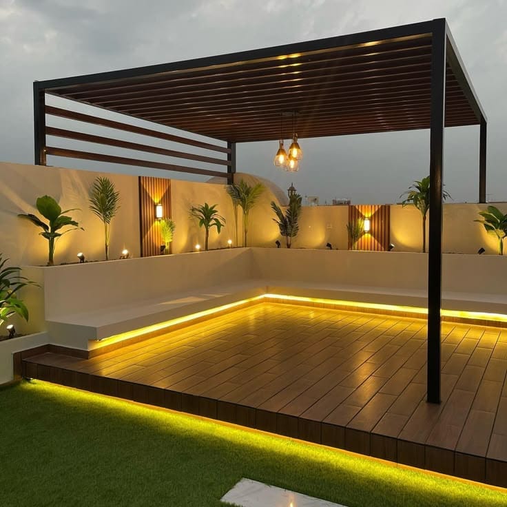 Rooftop terrace garden pergola with wooden deck and ambient lighting