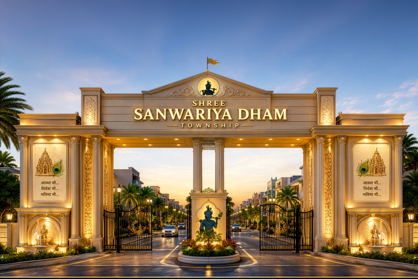 Grand entrance archway gate design for Shree Sanwariya Dham Township