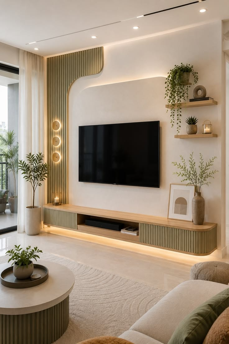 Living room TV console with curved fluted acoustic panelling and warm LED lighting