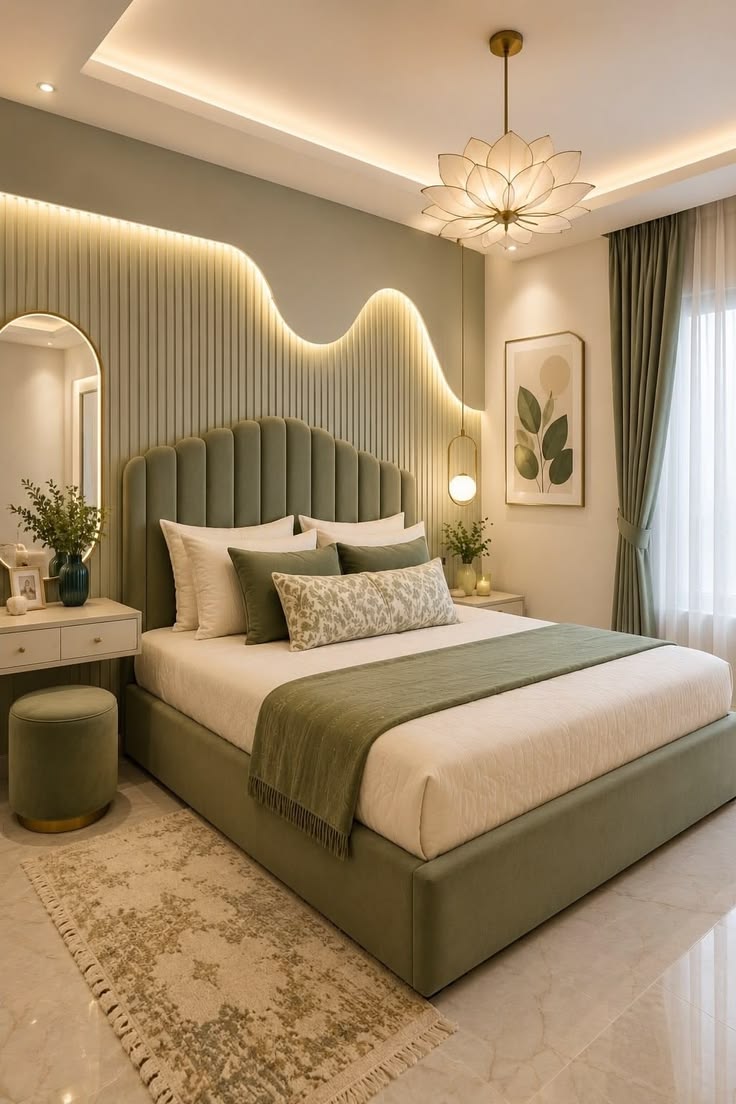 Aesthetic sage green bedroom with wave-patterned backlit wall and modern bed