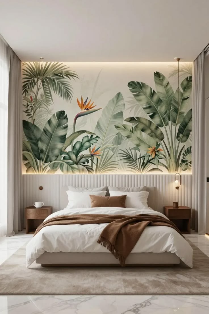 Designer botanical wallpaper accent wall in bedroom with fluted wainscoting